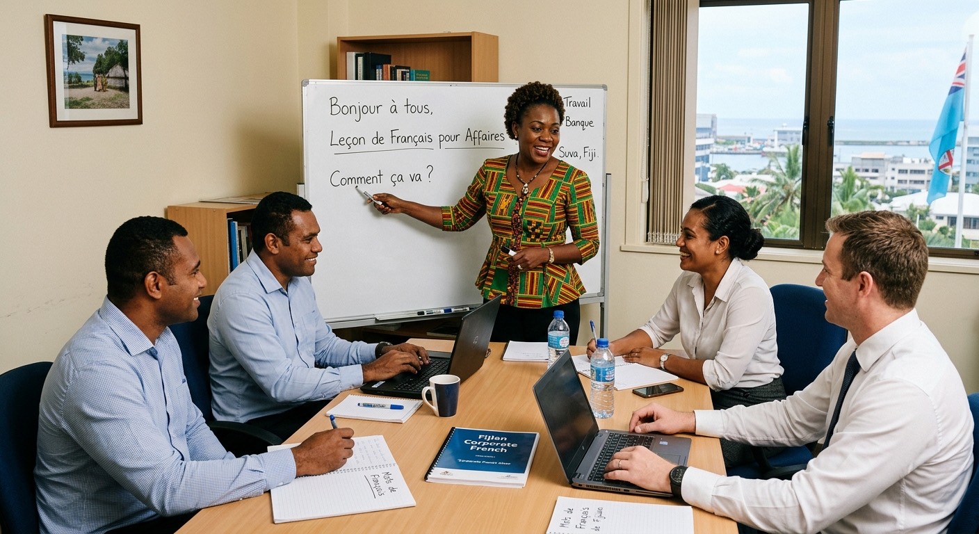 A teacher leading a business French lesson for a small team in a Suva office