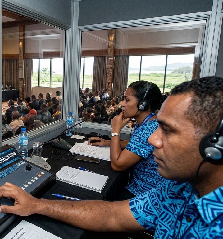 Interpreters working from a booth during a conference