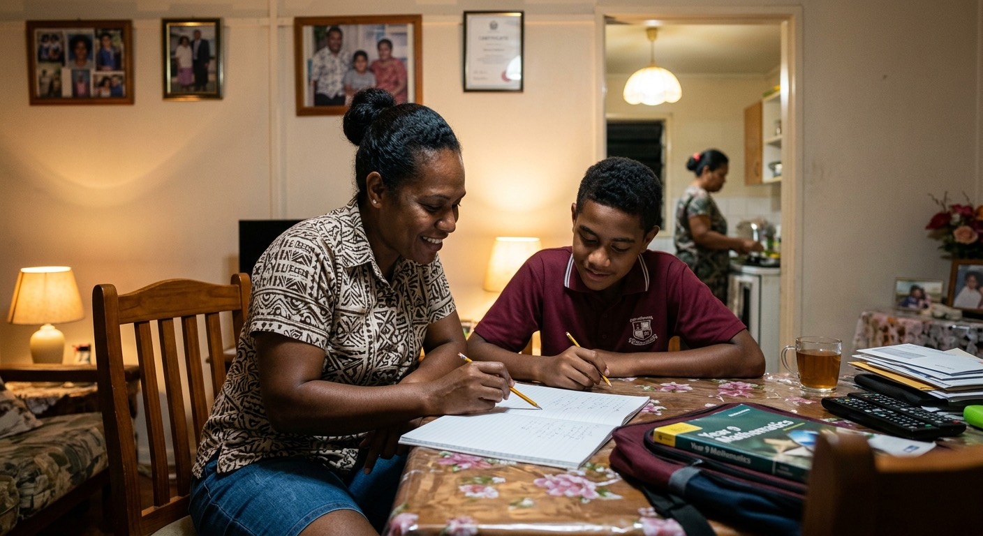 A tutor helping a secondary student with math homework at the family table
